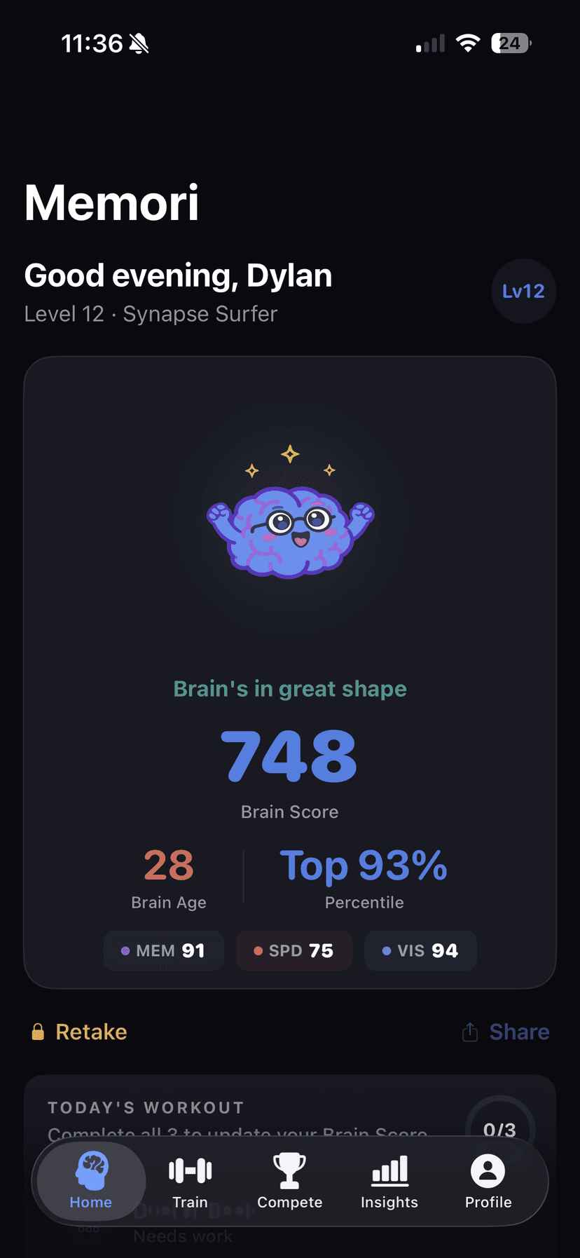 Home screen with brain score and mascot